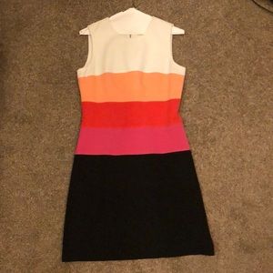 White, black, pink, and orangey peach Calvin Klein dress, size 4. Good condition